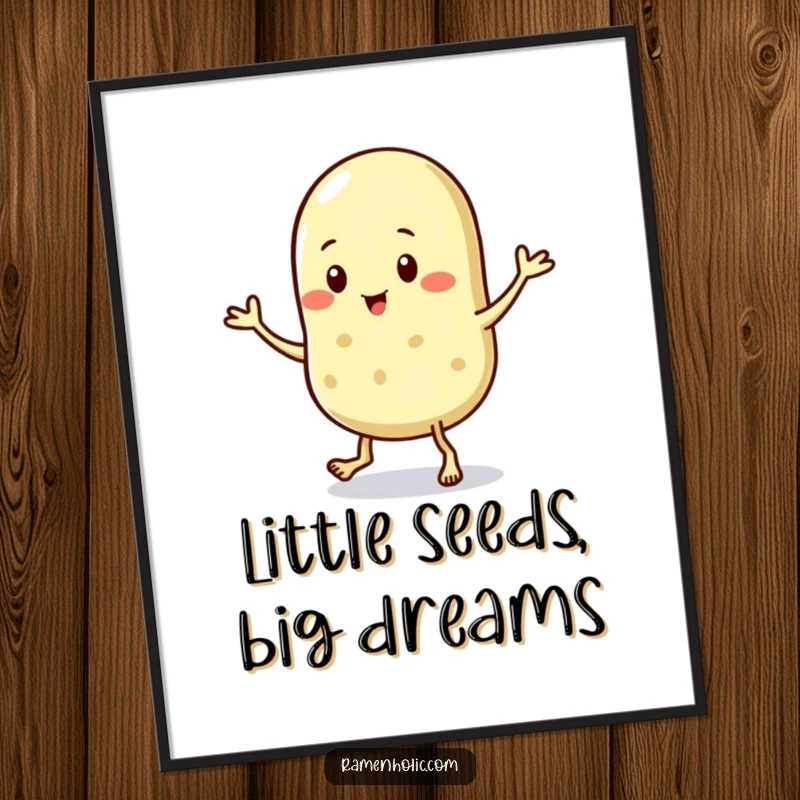 Funny Free Printable Wall Art of a tiny sesame seed character doing an energetic jig, adding playful vibes.