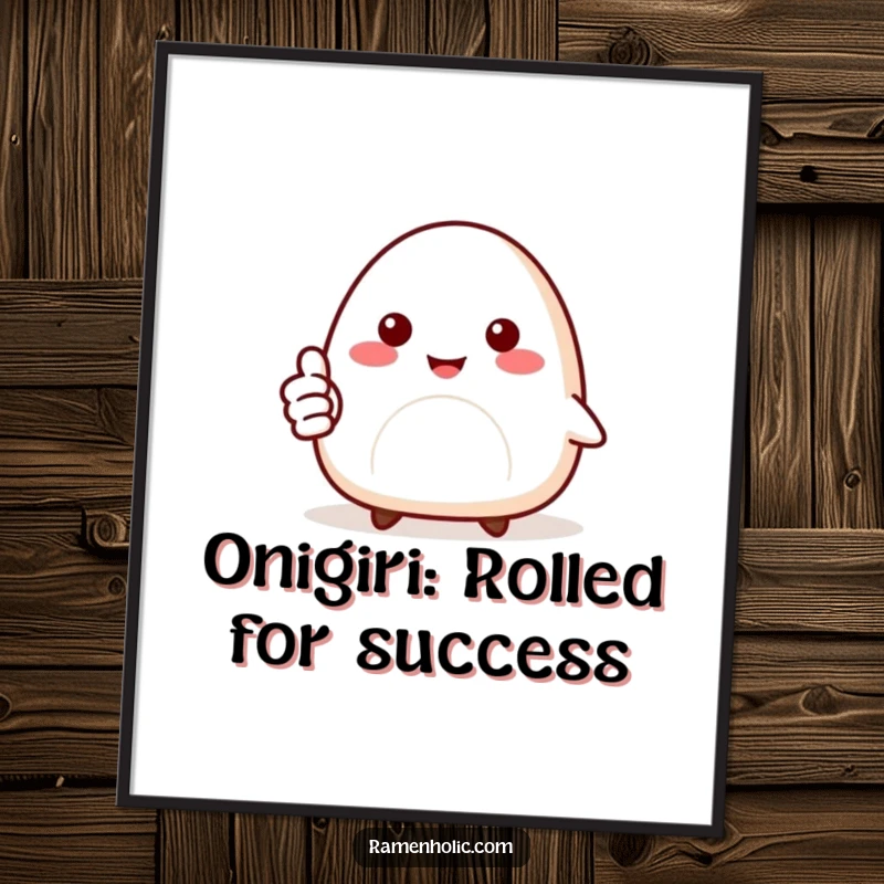 Funny Free Printable Wall Art of a smiling onigiri character giving a clear and positive thumbs up.