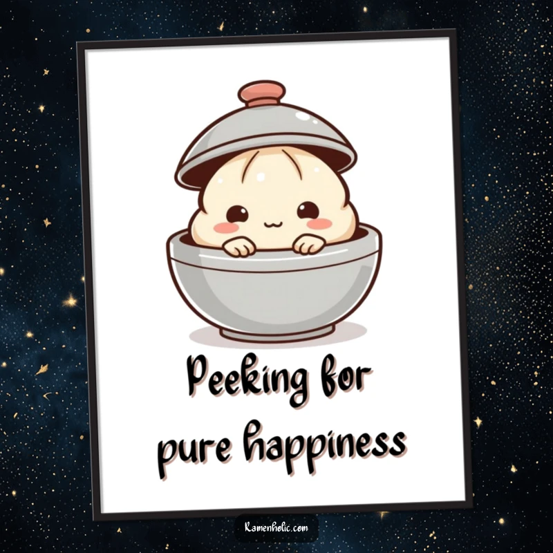 Funny Free Printable Wall Art: A shy dumpling peeking out from behind a steaming lid, adding cute charm.
