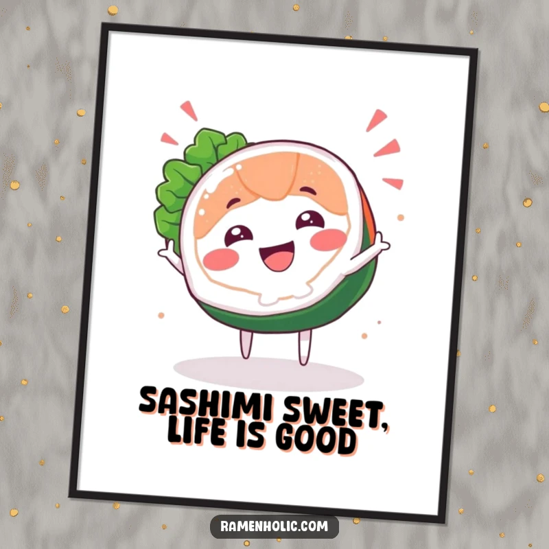 Funny Free Printable Sashimi Wall Art: Happy sushi slice character doing a celebratory spin, adding culinary flair.