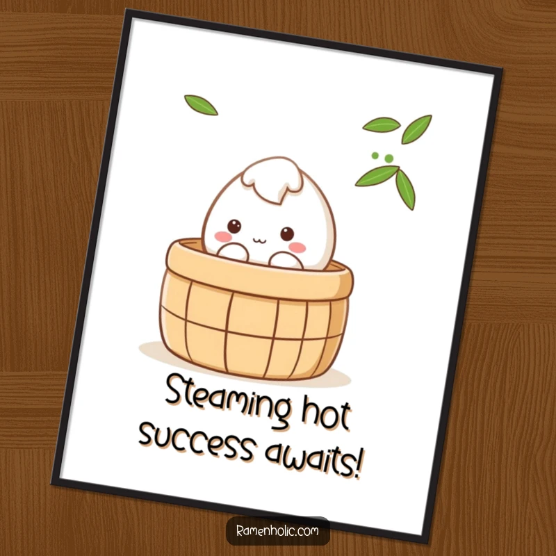 Funny Free Printable Wall Art: Shy Mochi character peeking from a steaming bamboo steamer, cute and cozy.
