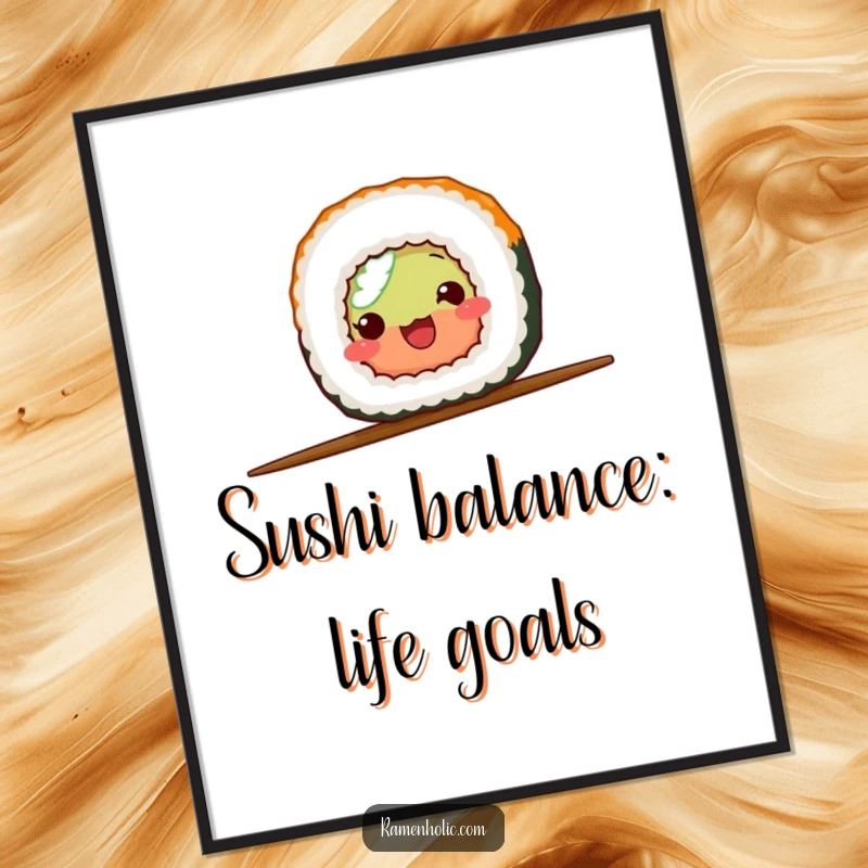 Funny Free Printable Wall Art: A cheerful sushi roll balances skillfully on a single chopstick, adding humor to your walls.