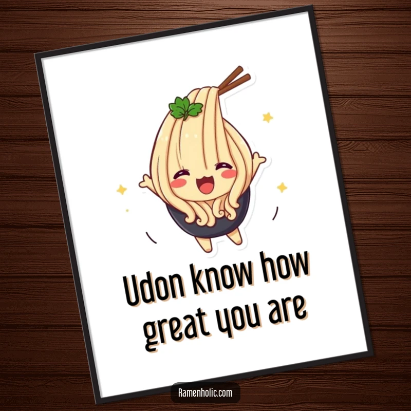 Funny Free Printable Udon Noodle Wall Art: Delighted udon noodle character performing an energetic flip.