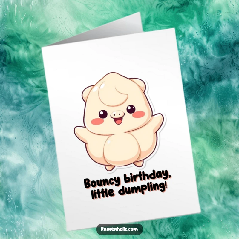 Funny Free Printable Birthday Card featuring a happily bouncing dumpling character with a wide, cheerful grin.