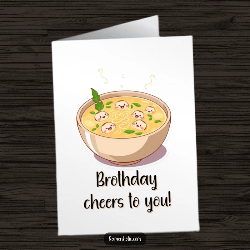 Funny Free Printable Broth Birthday Card: Plump bowl of broth laughing, with tiny noodles swimming joyfully.