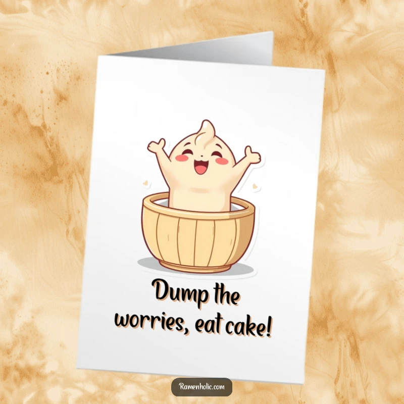 Funny Free Printable Birthday Card: A joyful dumpling character leaps from its steamer basket, celebrating with infectious energy.