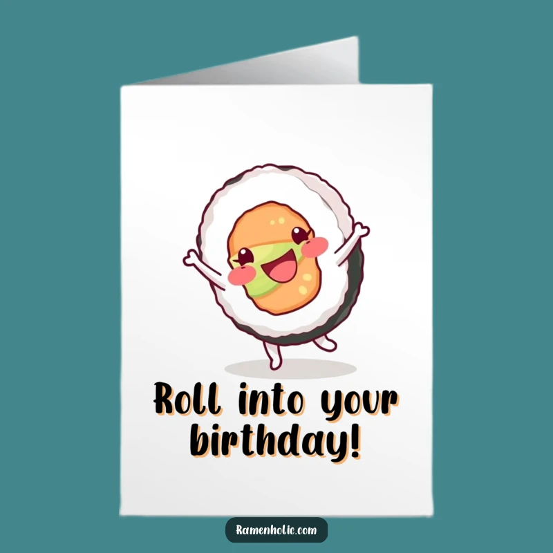 Free Printable Birthday Card: Happy Sushi Cartwheel Funny Downloadable Gift