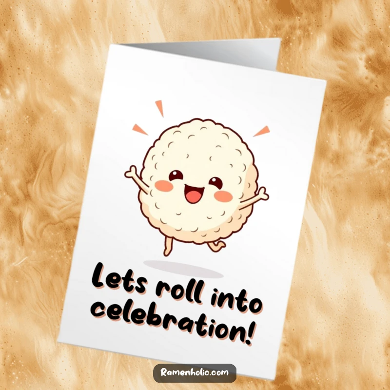 Funny Free Printable Birthday Card of a cheerful rice ball character joyfully hopping.
