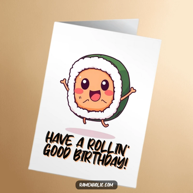 Funny Free Printable Birthday Card: A jubilant sushi roll character mid-jump, expressing birthday excitement.