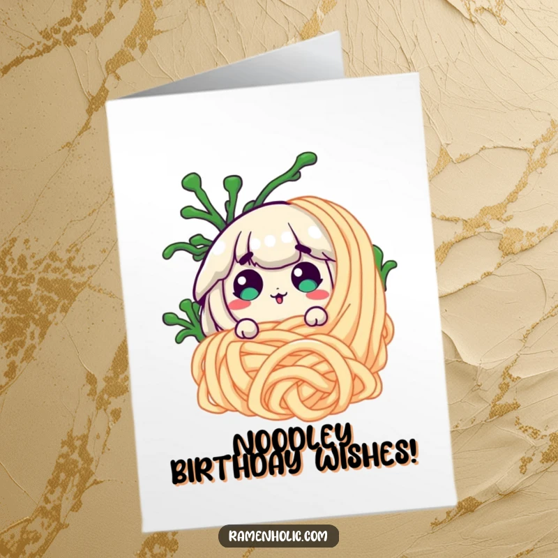 Funny Free Printable Birthday Card: Goofy seaweed peeks from behind a giant noodle with a shocked expression, ready to party.