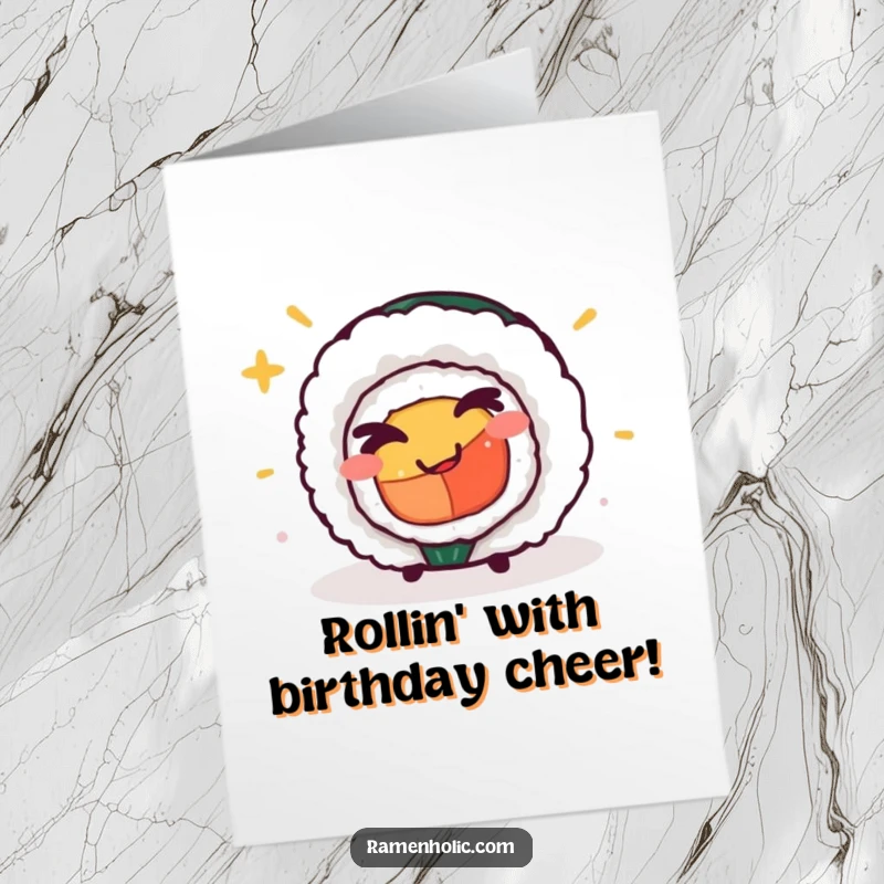 Funny Free Printable Birthday Card: Cheeky sushi roll winking playfully, a hilarious downloadable greeting from a lovable character.