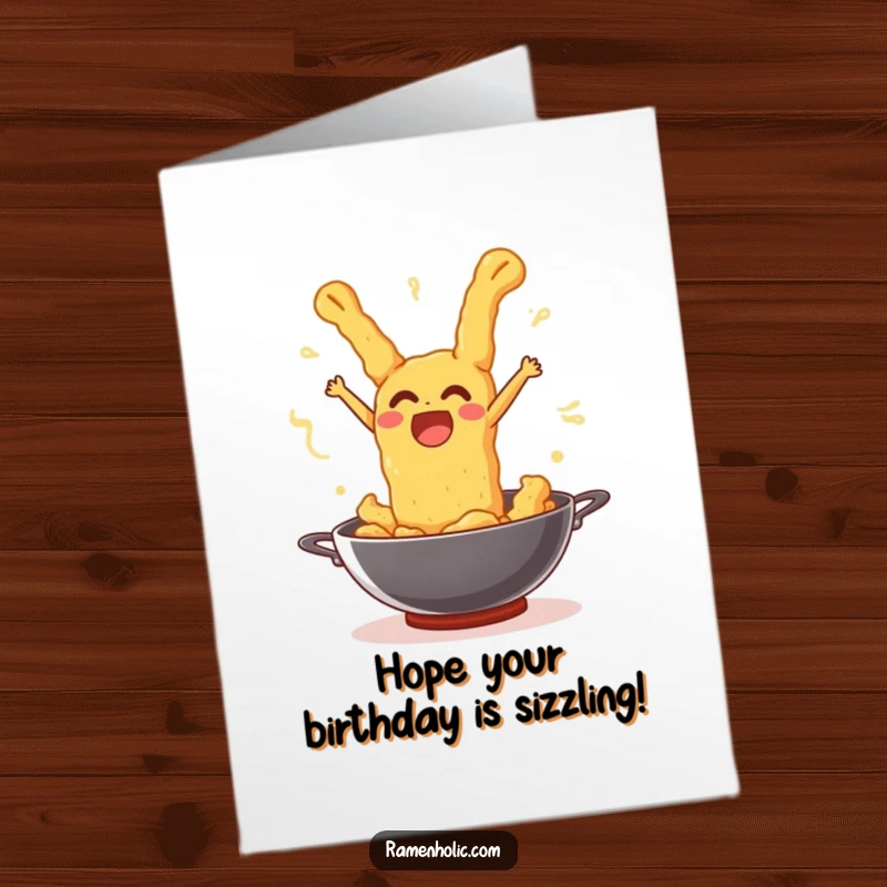 Funny Free Printable Birthday Card: Surprised tempura leaping from a wok with a joyful, surprised expression.
