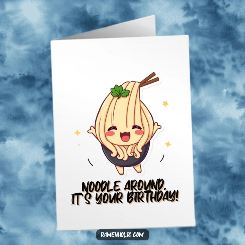 Funny Free Printable Udon Noodle Birthday Card: Delighted udon noodle character performing a celebratory flip.
