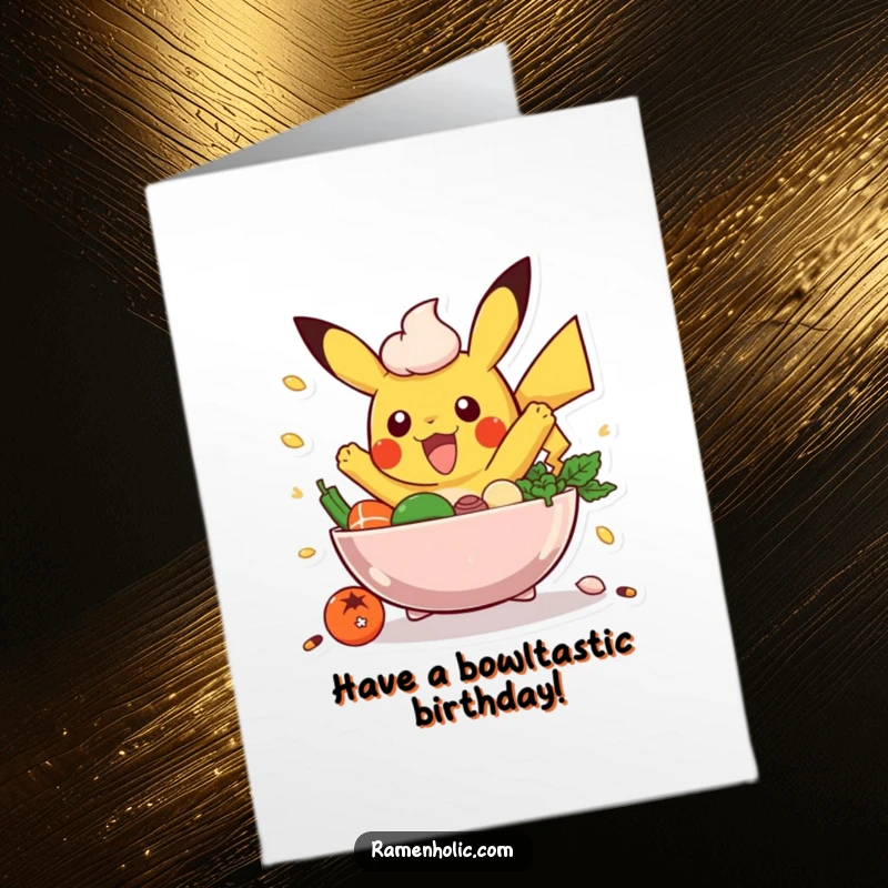 Funny Free Printable Birthday Card: An excited poke bowl with ingredients joyfully leaping around the bowl.