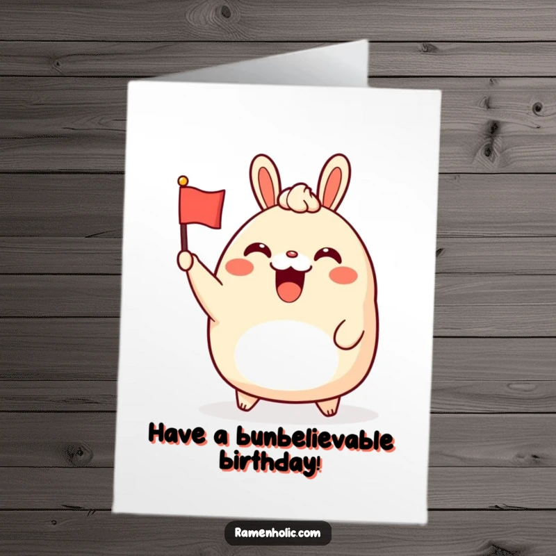 Funny Free Printable Birthday Card: A cheerful bao bun character enthusiastically waving a tiny flag.