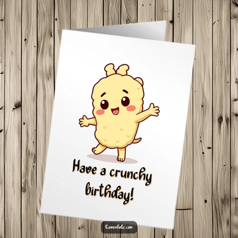 Funny Free Printable Birthday Card: Cheerful Tempura Character Doing a Lively Dance, Perfect for a Festive Occasion.