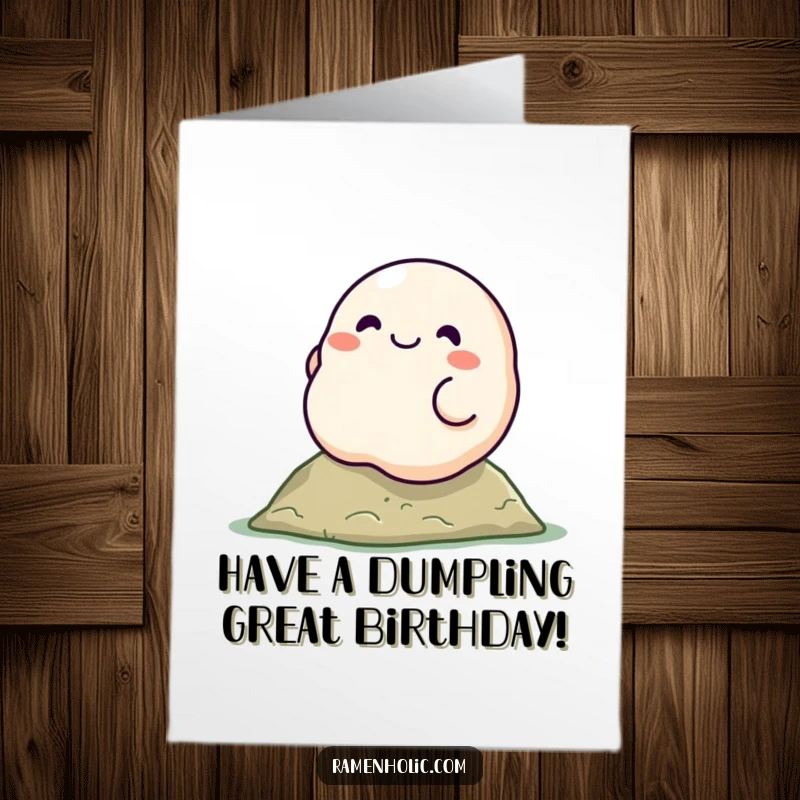 Funny Free Printable Birthday Card: A happy dumpling character joyfully rolling down a miniature hill.