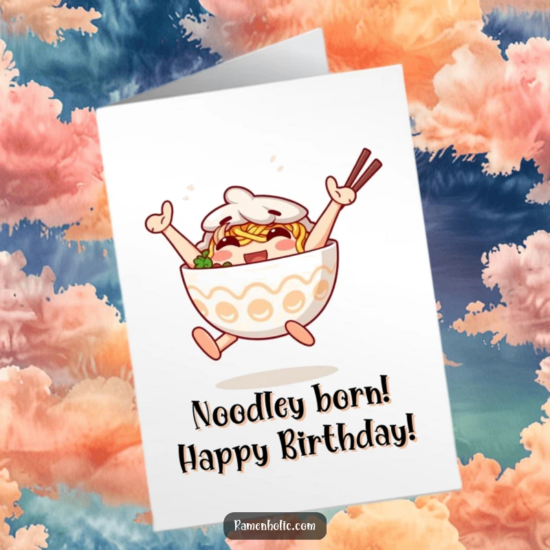 Funny Free Printable Birthday Card: An anthropomorphic ramen bowl character jumps with pure joy, noodles flying in celebration.