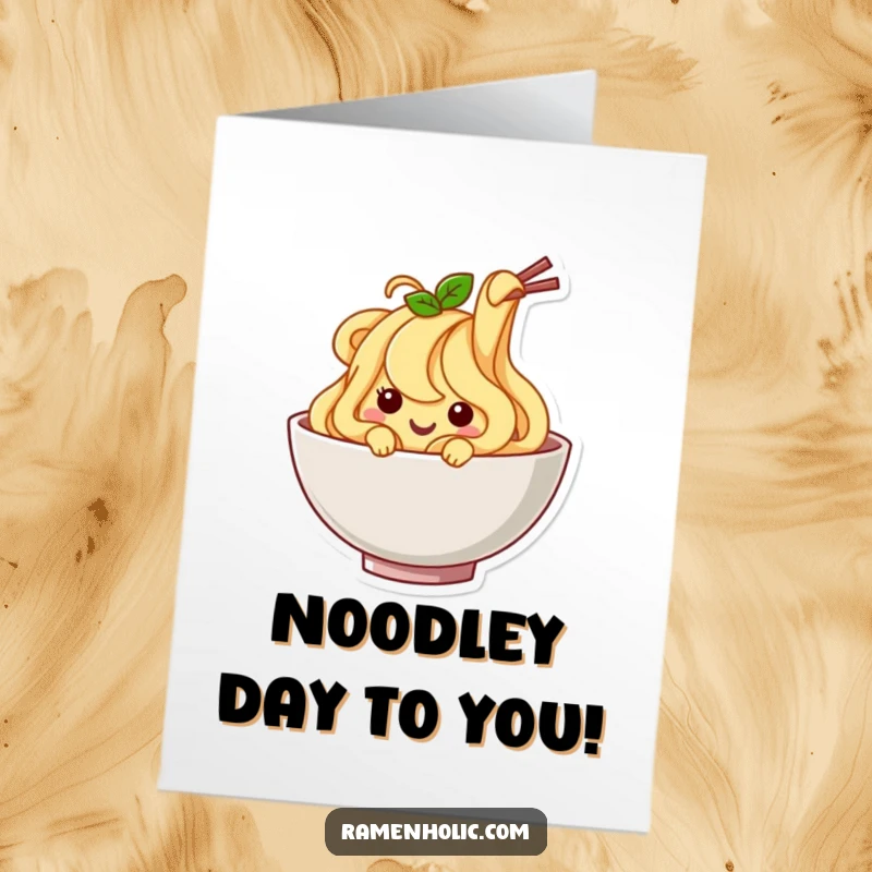 Funny Free Printable Birthday Card: Happy Noodle Character Wiggling Joyfully Inside a Bowl, Perfect for a Fun Celebration.