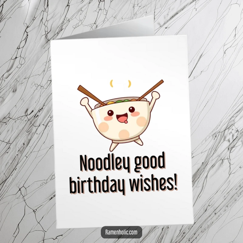 Funny Free Printable Birthday Card: Kawaii ramen bowl with chopsticks arms jumping joyfully, celebrating with gusto.