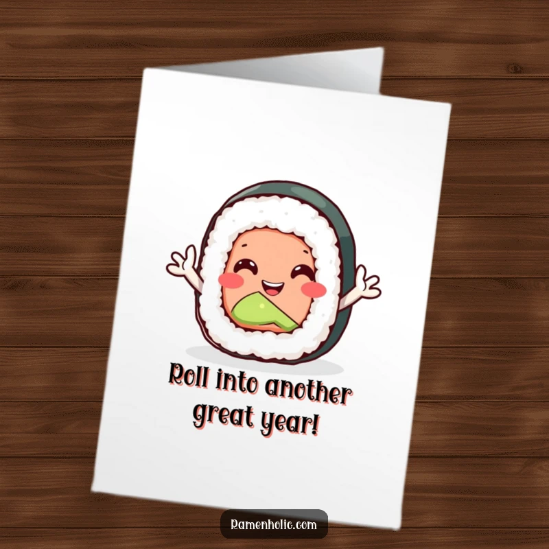 Funny Free Printable Birthday Card: A smiling sushi roll with tiny arms waving hello joyfully.