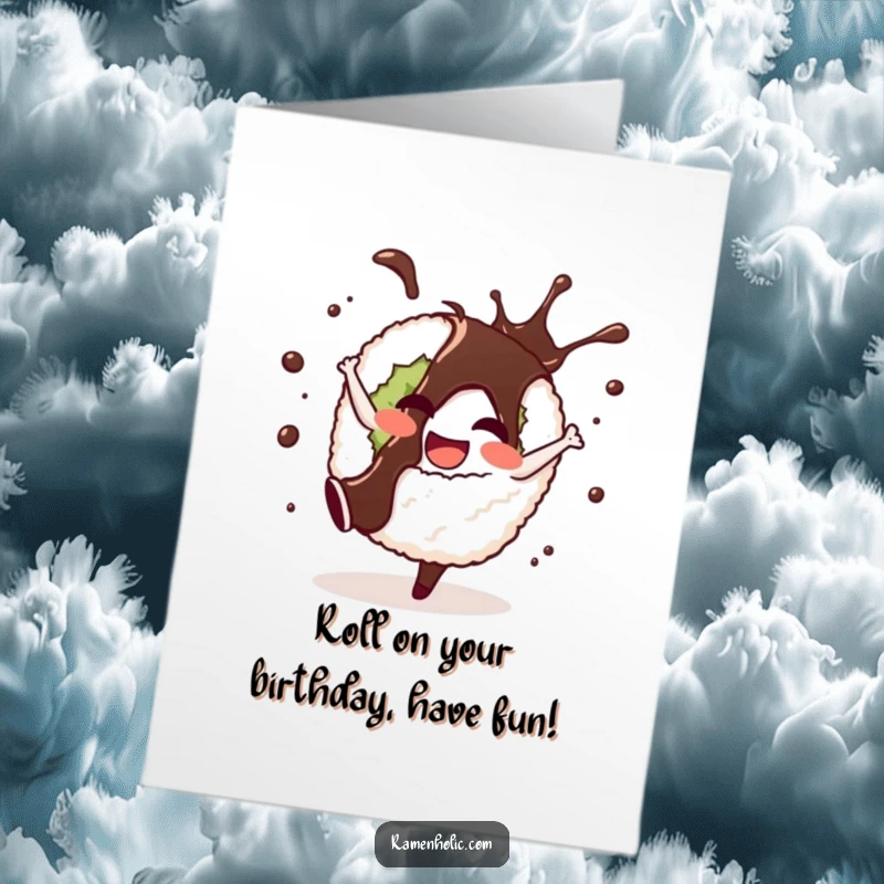 Funny Free Printable Sushi Birthday Card: Cheerful sushi roll doing a cartwheel, soy sauce splashing in celebration.