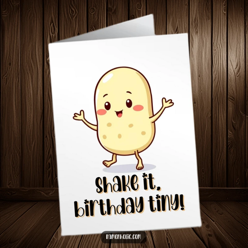 Funny Free Printable Birthday Card featuring a tiny sesame seed character doing an enthusiastic little jig, full of joy.