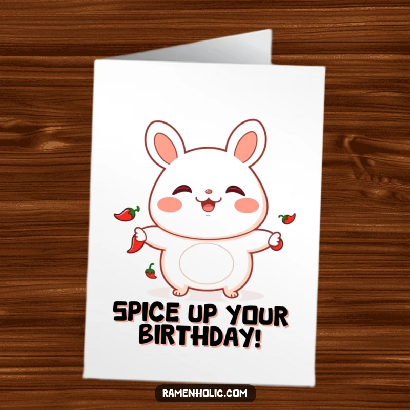 Funny Free Printable Birthday Card: Playful bao bun juggling chili peppers, rosy cheeks, spicy humor.
