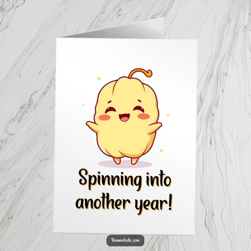 Funny Free Printable Birthday Card featuring a tempura character joyfully spinning, radiating happiness.