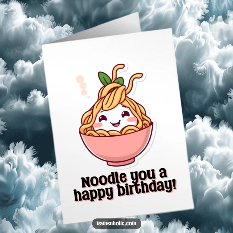 Funny Free Printable Birthday Card: Cheerful noodle character popping from steam, happy face, warm wishes.