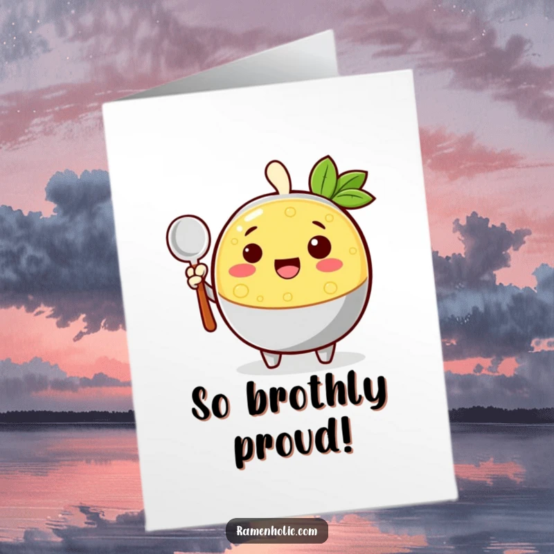 Funny Free Printable Congratulations Card: A cheerful broth character waves with a ladle, sending hearty congratulations your way.