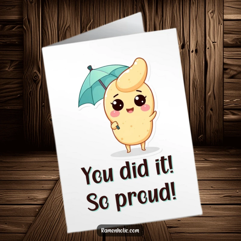 Funny Free Printable Congratulations Card: A cheerful tempura piece holding a tiny umbrella, celebrating success.
