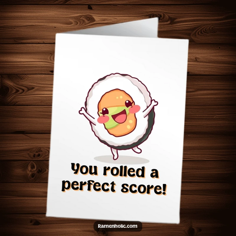 Funny Free Printable Congrats Card: A happy sushi roll character is doing a cartwheel with sheer delight and excitement.