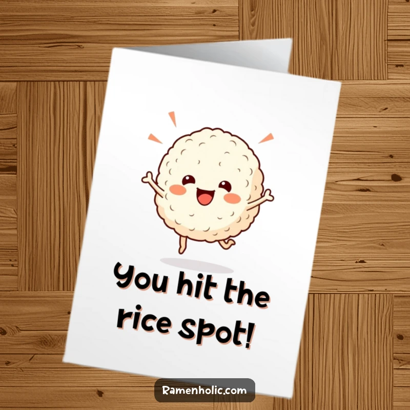 Funny Free Printable Congratulations Card with a cheerful rice ball character doing a celebratory hop.