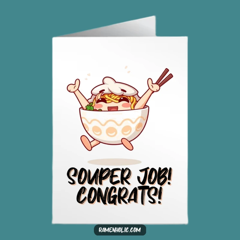 Free Printable Congrats Card: Jumping Ramen Achieves Victory, Funny Downloadable Gift for Food Lovers