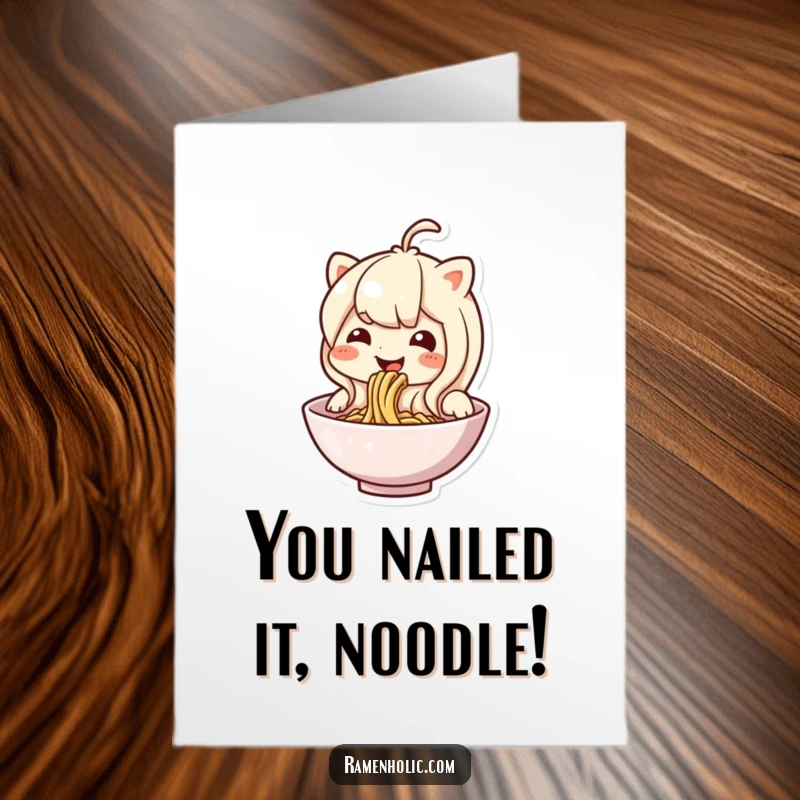 Funny Free Printable Congratulations Card: An excited noodle character happily slurping, celebrating a big win with joy.