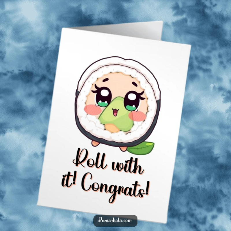 Funny Free Printable Congratulations Card with a wide-eyed, blushing sushi roll character, conveying surprised joy.