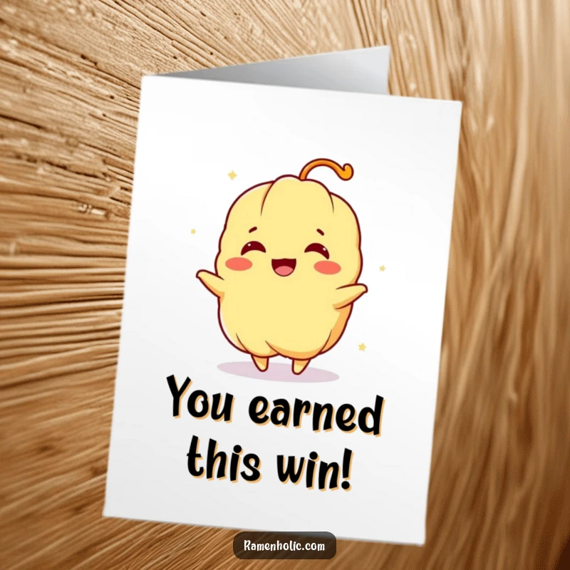 Funny Free Printable Congratulations Card of a tempura character in a joyful spin, expressing delight.