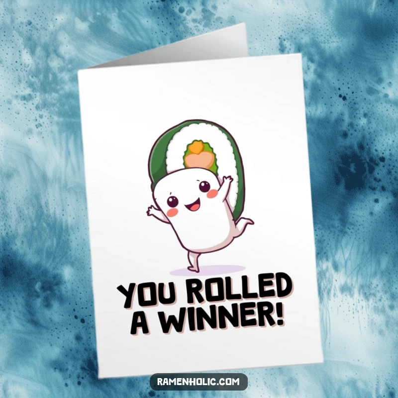 Funny Free Printable Congratulations Card: Excited Sushi Roll Performing a Celebratory Cartwheel, Great for Any Achievement.