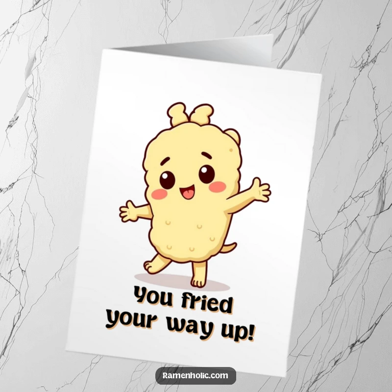 Funny Free Printable Congratulations Card: Happy Tempura Character Performing an Energetic Dance, Ideal for Any Victory.