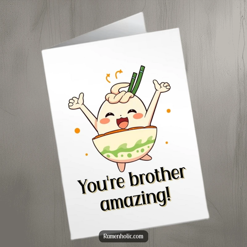 Funny Free Printable Congratulations Card: A happy ramen bowl character mid-leap, conveying excitement for achievements.