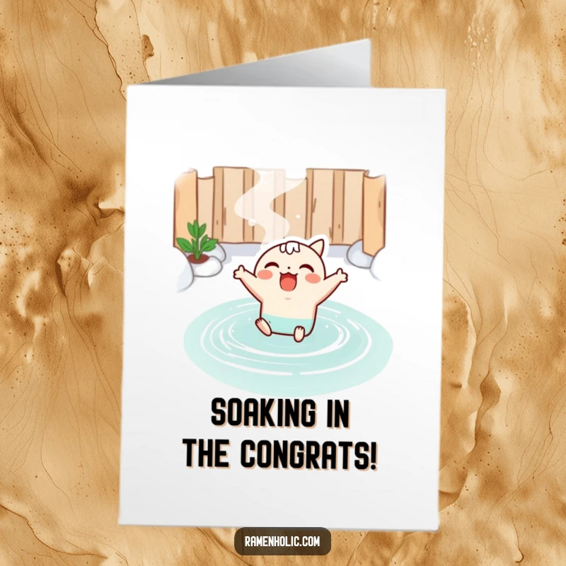Funny free printable congratulations card featuring a kawaii miso soup character joyfully leaping into a relaxing hot spring.