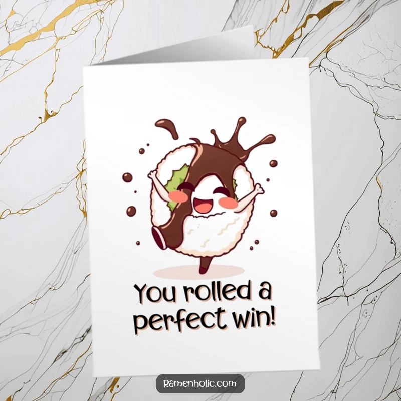 Funny Free Printable Sushi Congratulation Card: Happy sushi roll doing a cartwheel, soy sauce splashing joyfully.