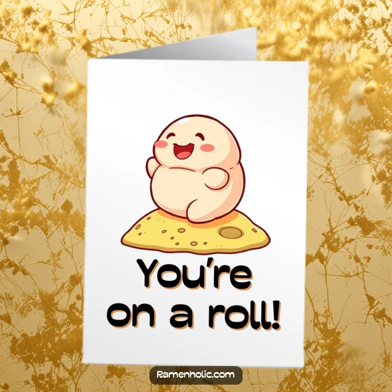 Funny Free Printable Congratulations Card: Smiling dumpling character rolling down a hill, pure delight, celebratory.