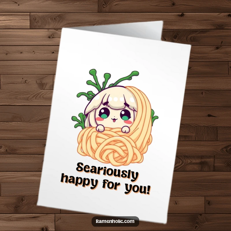Funny Free Printable Congratulations Card: Seaweed character pops out from behind a noodle, looking utterly surprised, celebrating your success.