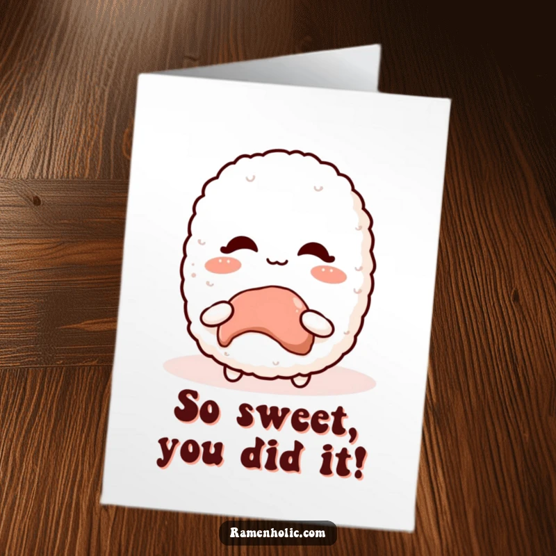 Free Printable Congratulations Card: A cute kawaii rice ball blushing with pride as it celebrates an achievement, a sweet gesture.