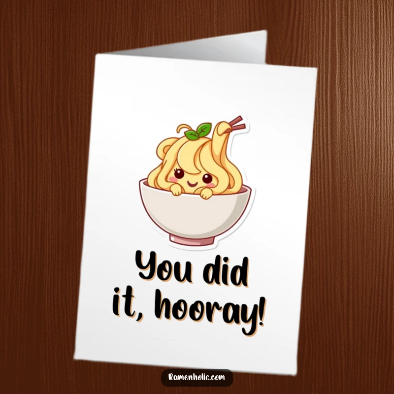 Funny Free Printable Congratulations Card: Happy Noodle Character Wiggling Enthusiastically in a Bowl, Great for Any Achievement.