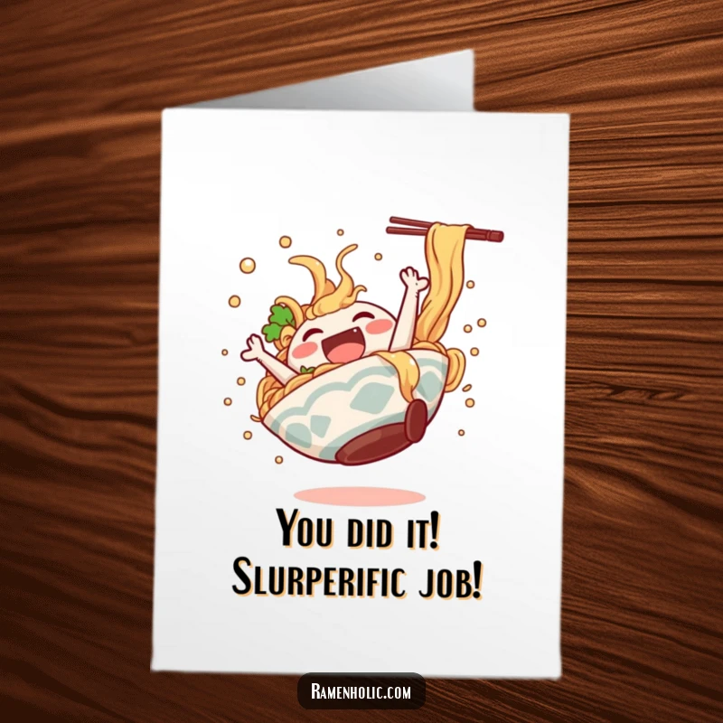 Funny Free Printable Congratulations Card: Dancing ramen bowl character celebrating with a happy somersault, broth splashing.