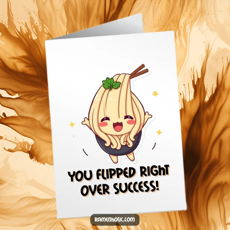 Funny Free Printable Udon Noodle Congratulations Card: Delighted udon noodle character performing a triumphant flip.
