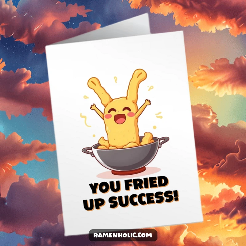 Funny Free Printable Congratulations Card: Tempura leaping out of a wok with a joyful, surprised expression.